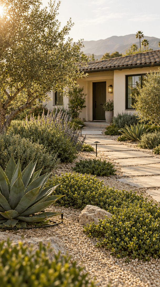 A water-wise front yard with native plants and a stone walkway.